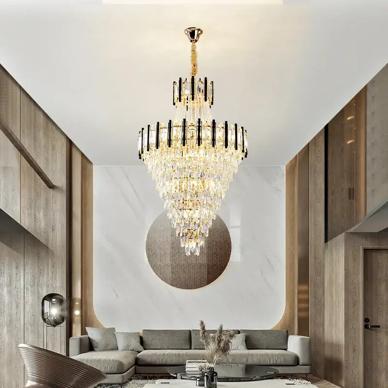DecorBites crystal chandelier light with cascading crystal droplets and black accents for villa living room loft staircases