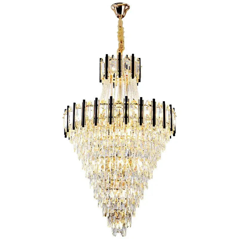 Decorbites crystal chandelier light with gold-toned metal, black bars, and cascading clear crystals for villa living rooms