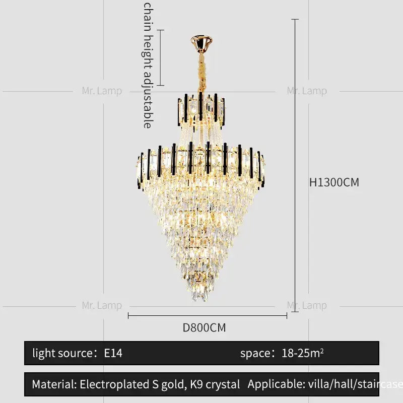 Gold-toned decorbites crystal chandelier light with cascading clear k9 crystals for villa living room luxury lighting