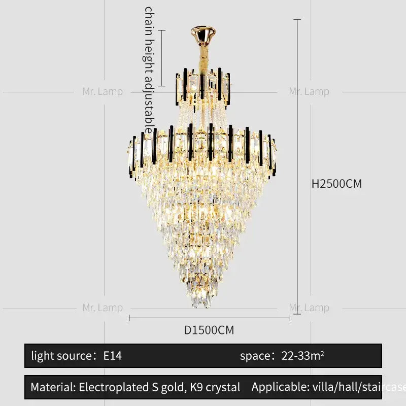 A decorbites crystal chandelier light with multi-tiered k9 crystal and electroplated gold accents for luxury lofts