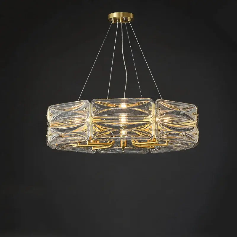 Decorbites crystal chandelier featuring clear textured glass blocks and gold metal accents for luxury home lighting