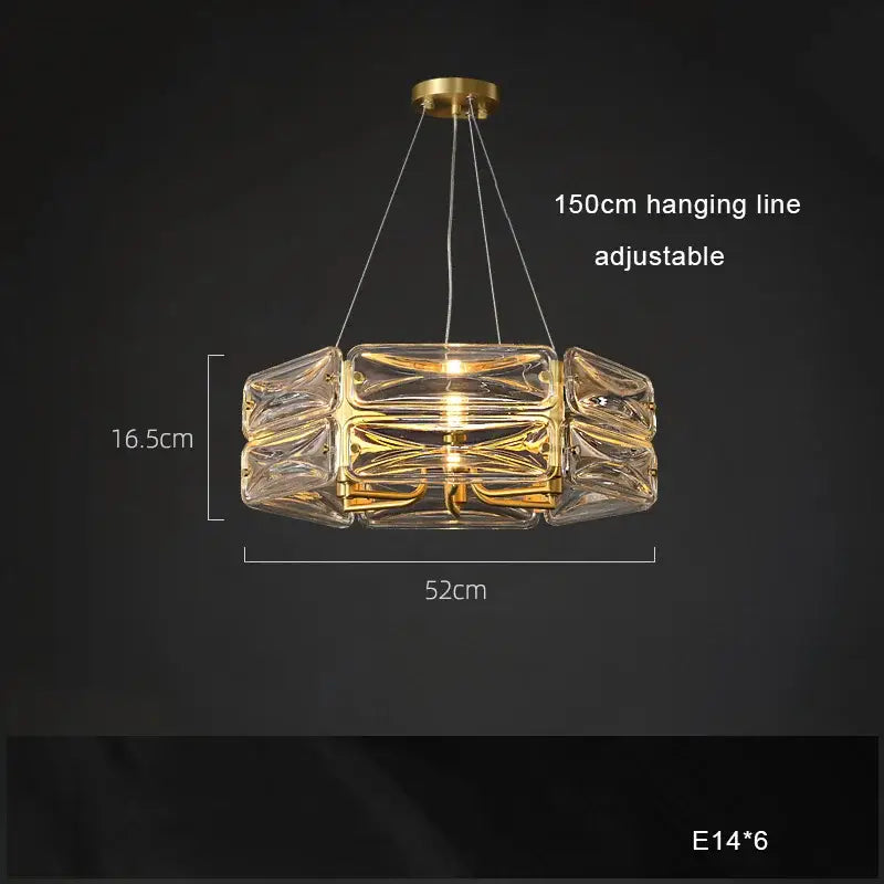 Clear glass decorbites crystal chandelier with geometric block design and gold-toned metal accents for luxury lighting