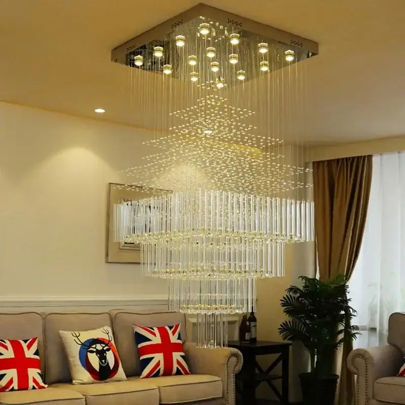 DecorBites crystal chandelier with multi-tiered cascading glass rods and embedded lights for living room or lobby ceiling