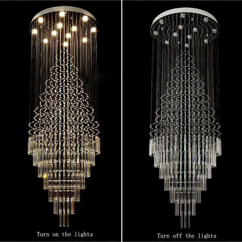 A decorbites crystal chandelier lighting featuring clear glass rods and dangling beads in a tiered tree-like design
