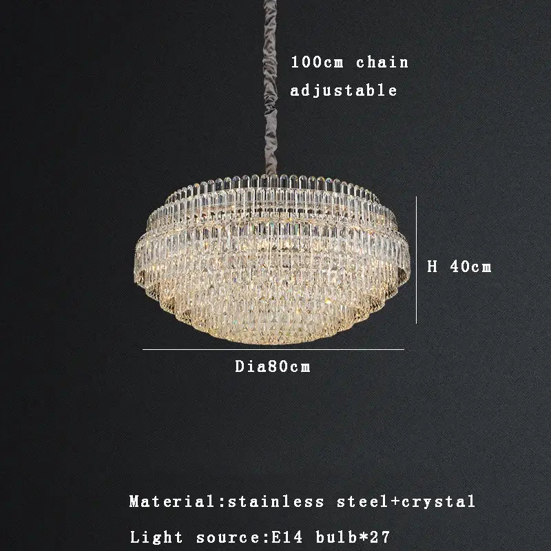 DecorBites crystal chandelier lights with a sleek stainless steel frame and cascading clear glass prisms refraction