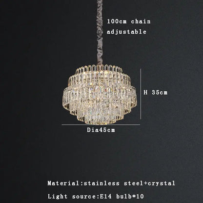 DecorBites crystal chandelier lights featuring multi-tiered clear glass prisms on a stainless steel frame with 100cm chain