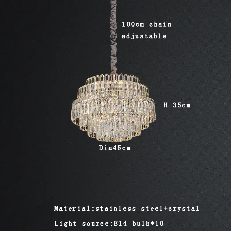 DecorBites crystal chandelier lights featuring multi-tiered clear glass prisms on a stainless steel frame with 100cm chain