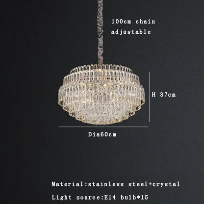 Decorbites crystal chandelier lights feature a multi-tiered stainless steel frame with cascading clear glass prisms and adjustable chain