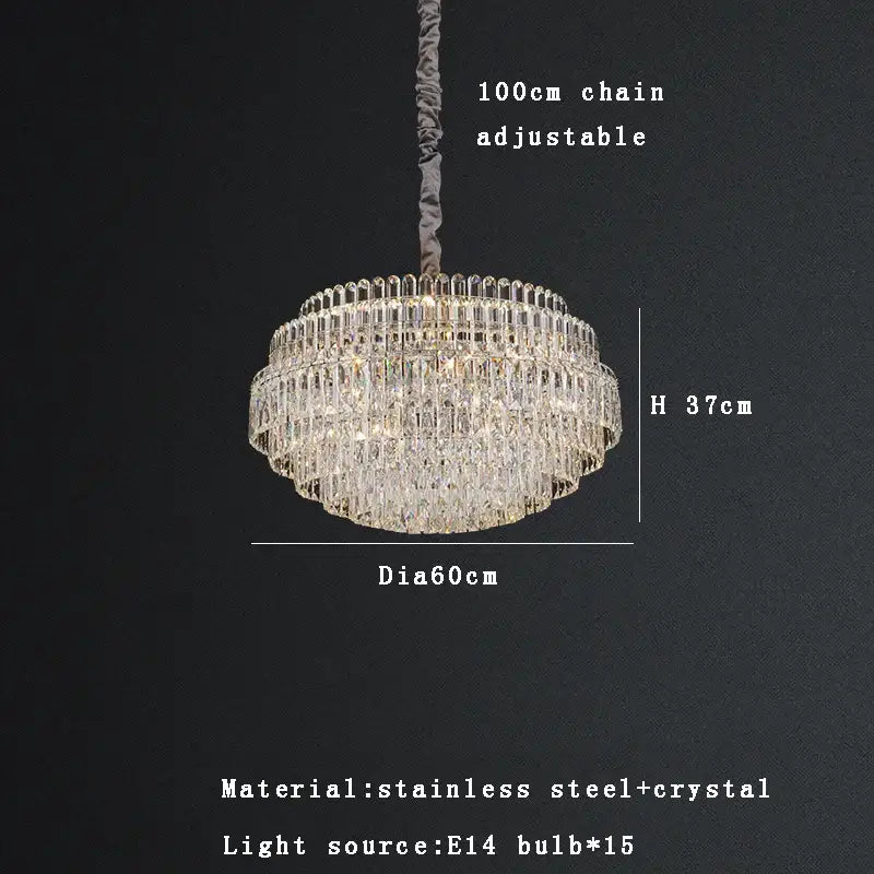 Decorbites crystal chandelier lights feature a multi-tiered stainless steel frame with cascading clear glass prisms and adjustable chain
