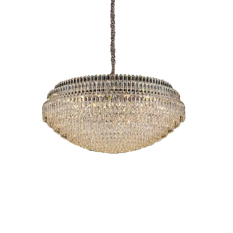 DecorBites crystal chandelier lights featuring multi-tiered clear and gold-toned crystals with textured metallic chain
