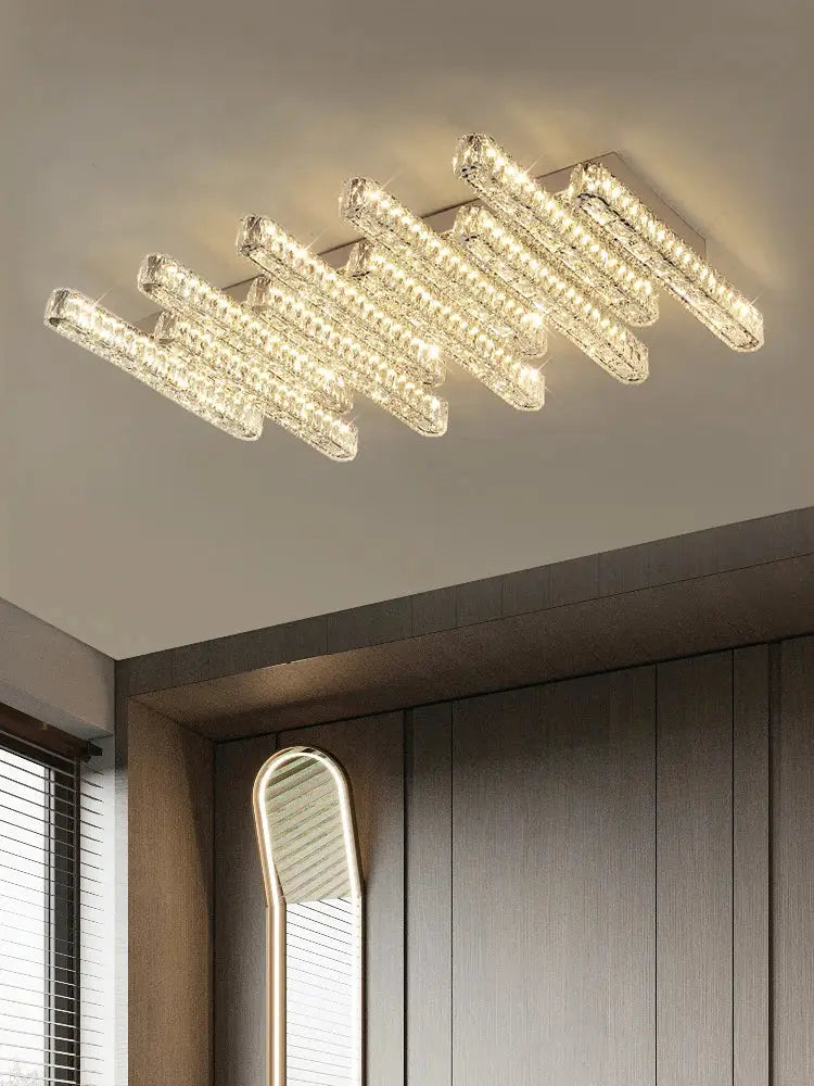 Modern decorbites crystal chandelier with crystal encrusted led sleek rectangular design and warm ambient glow