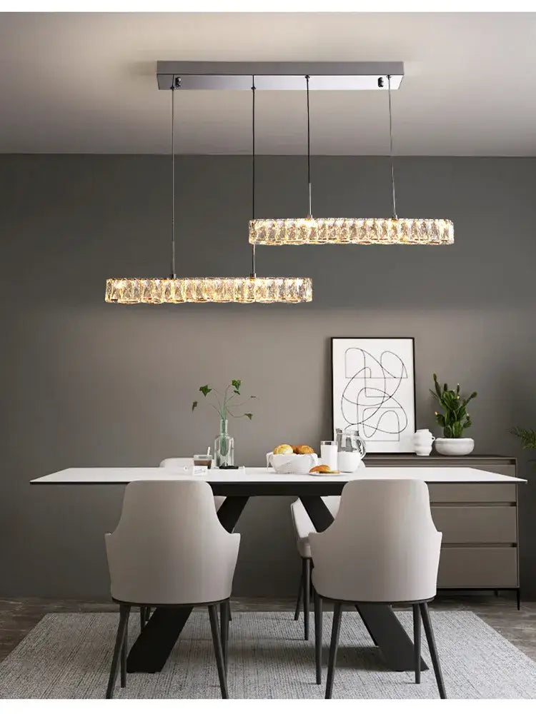 Modern rectangular DecorBites crystal chandelier with crystal accents and sleek metallic frame for living and dining rooms