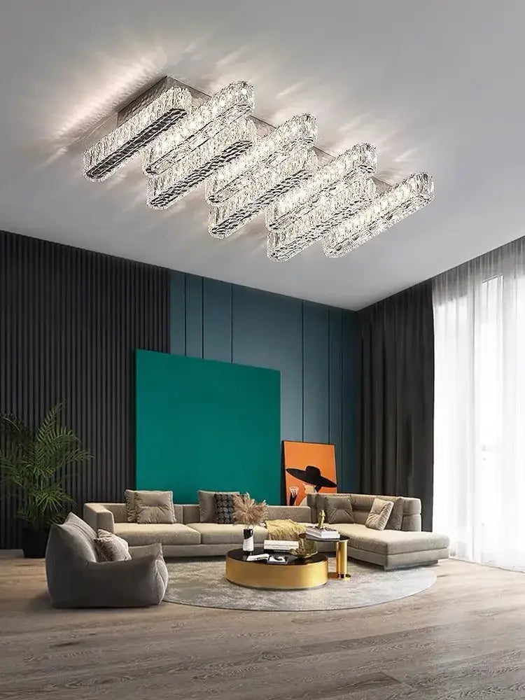 Modern decorbites crystal chandelier with sleek geometric design and illuminated rectangular bars for living dining bedroom lighting