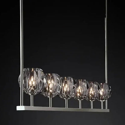 Modern crystal chandelier lights with five faceted glass shades and polished chrome rods for kitchen island decor