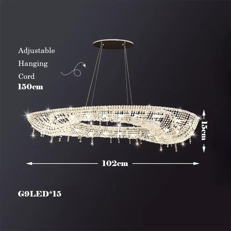A sparkling oval decorbites crystal chandelier luminaire with 15 g9 led lights and adjustable hanging cord for indoor use