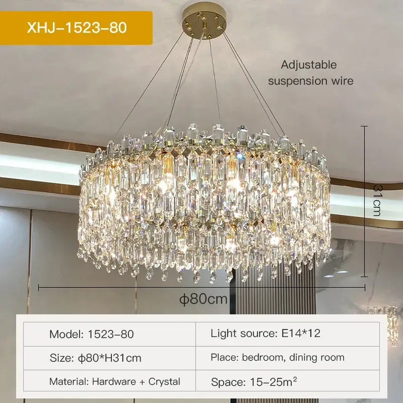 A luxurious gold-toned decorbites crystal chandelier with cascading clear faceted crystals and adjustable suspension wire model xhj-1523-80