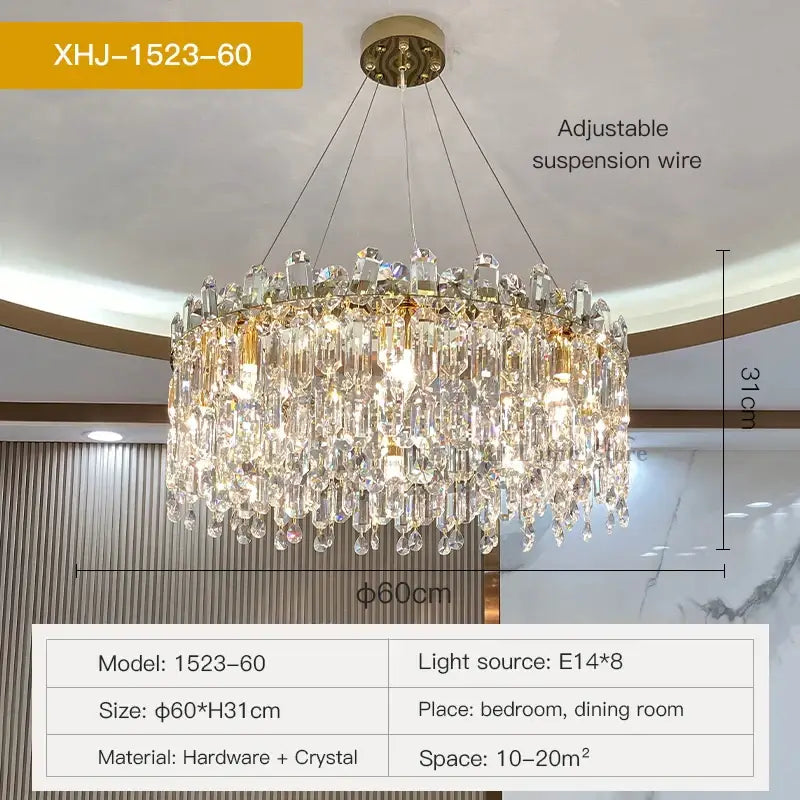 Decorbites crystal chandelier gold-toned with cascading crystal prisms for elegant dining and bedroom spaces