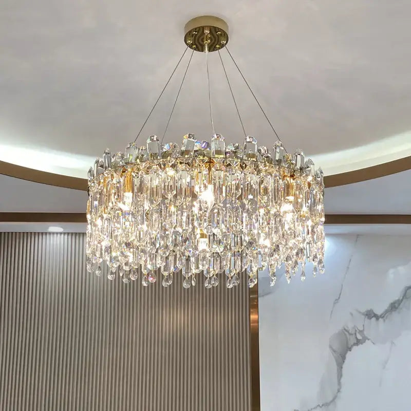 Decorbites crystal chandelier with gold ceiling mount and clear faceted crystals for luxe living room decor