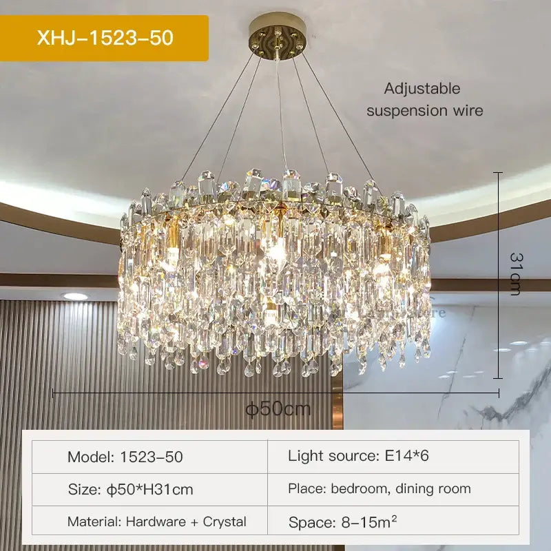 Gold-toned DecorBites crystal chandelier with cascading clear crystal prisms and circular hardware frame for living room decor