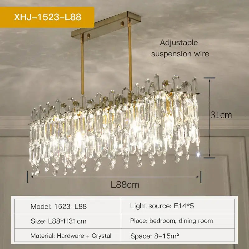 Gold-toned decorbites crystal chandelier with cascading clear crystal droplets and rectangular hardware for living room decor