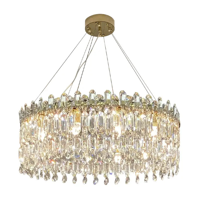 Decorbites crystal chandelier multi-tiered with clear faceted glass prisms and gold-toned mount for luxe living room decor