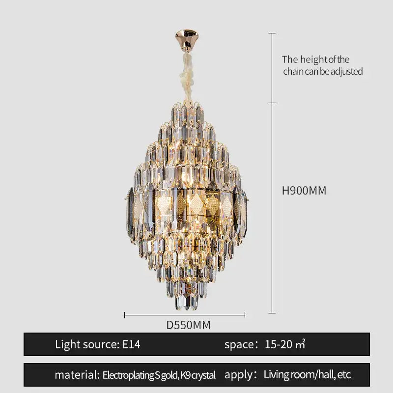 A luxurious gold-plated decorbites crystal chandelier with tiered faceted k9 crystals for villa and hotel lighting
