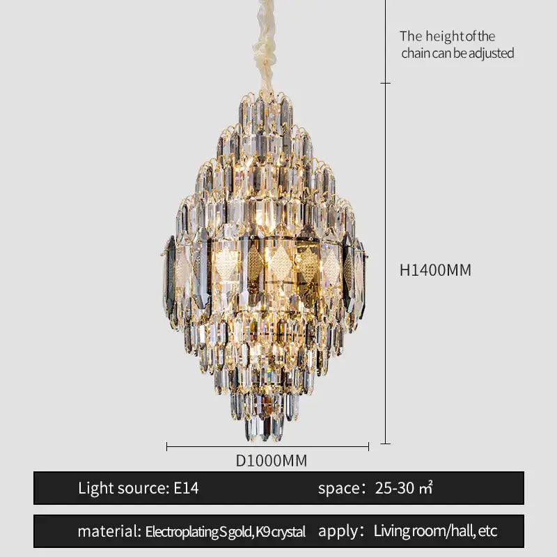 DecorBites crystal chandelier with gold electroplated metal and clear K9 crystals for villa or hotel lighting