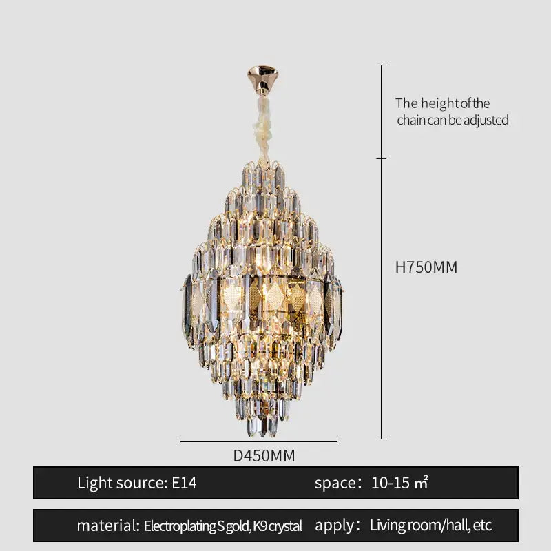 DecorBites crystal chandelier with tiered clear k9 crystals and gold electroplated accents for living room or hall