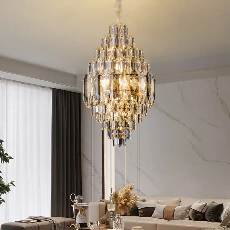 DecorBites crystal chandelier with multi-tiered crystal design and gold-toned accents for villa hotel projects