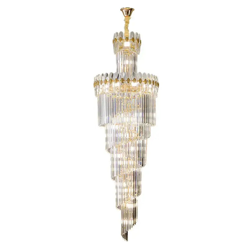 A decorbites crystal chandelier with gold-toned accents and cascading glass rods ideal for duplex villa lighting fixture