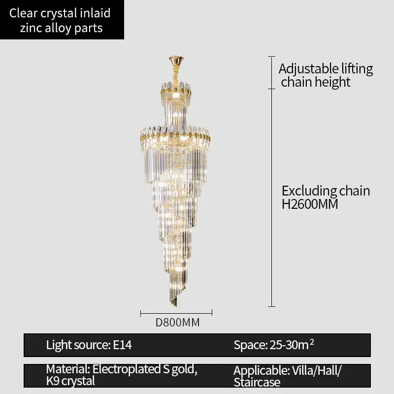 Elegant decorbites crystal chandelier with clear k9 crystals and electroplated gold accents, ideal for luxe stairwell lighting
