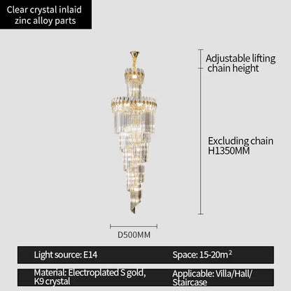 Elegant DecorBites crystal chandelier with tiered clear crystal inlays and electroplated gold finish for luxe stairwells