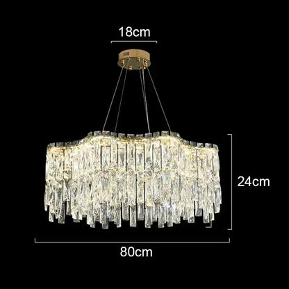 Decorbites crystal chandelier featuring cascading clear crystal prisms with gold-toned ceiling mount for luxury lighting