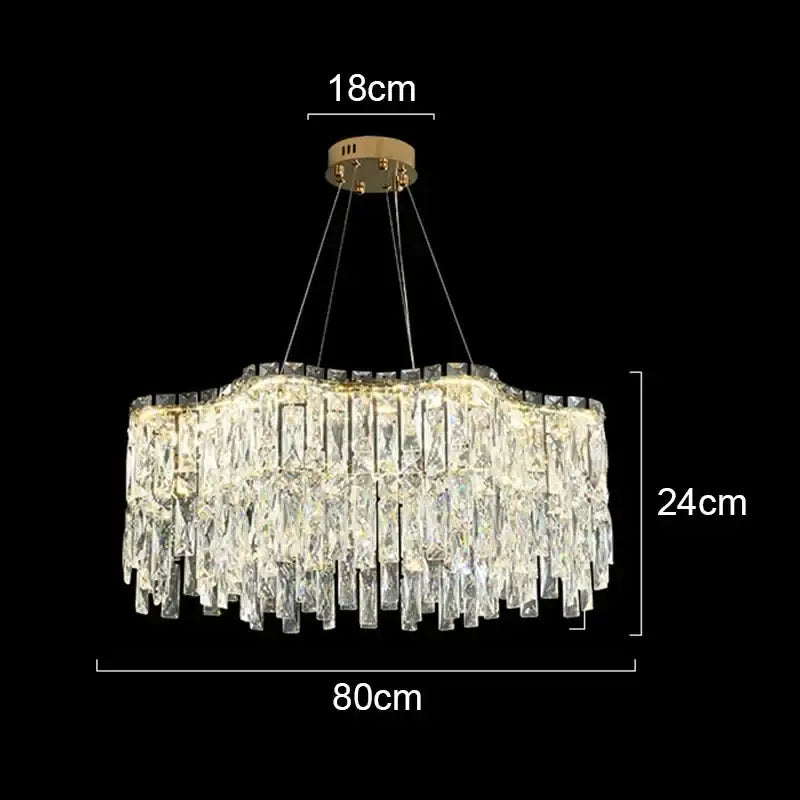 Decorbites crystal chandelier featuring cascading clear crystal prisms with gold-toned ceiling mount for luxury lighting
