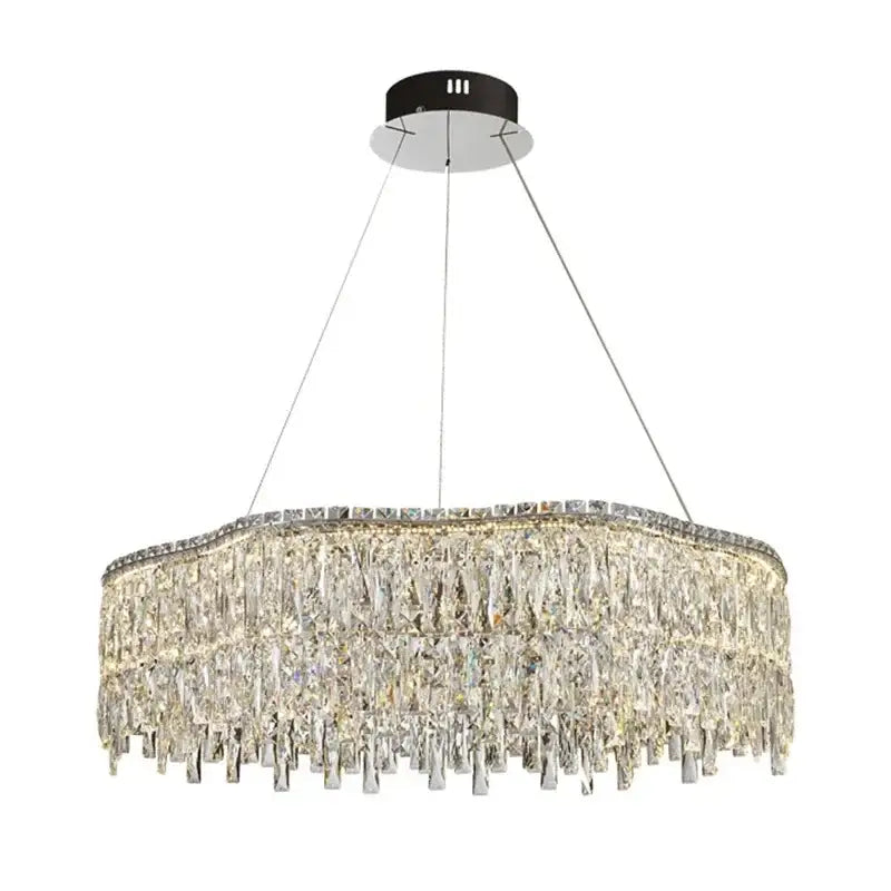 A modern decorbites crystal chandelier with black mount chrome chains and tiered clear crystal prisms for luxury lighting