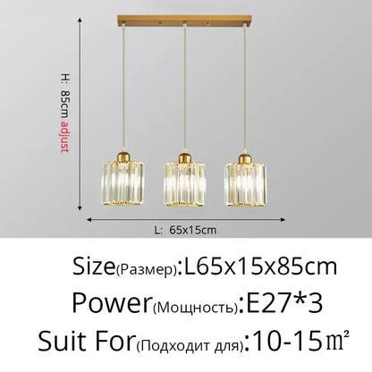 Gold-toned decorbites crystal chandelier pendant light with three cylindrical crystal glass shades for indoor use
