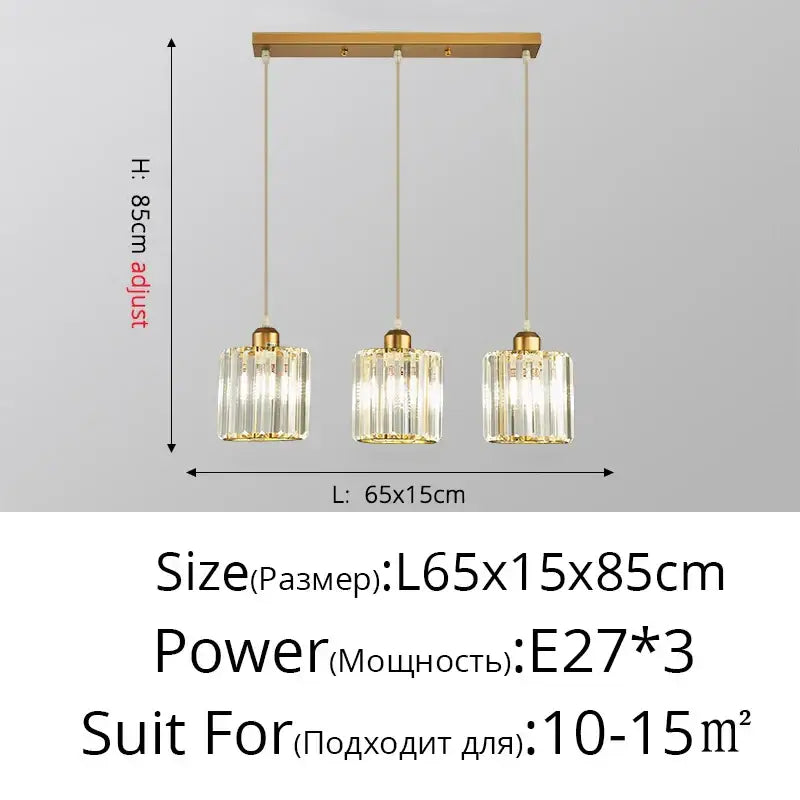 Gold-toned decorbites crystal chandelier pendant light with three cylindrical crystal glass shades for indoor use