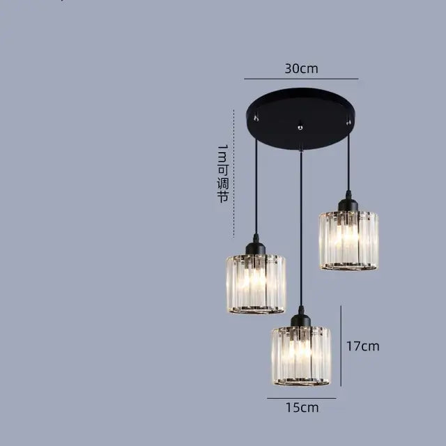 Black circular ceiling mount with three adjustable glass pendant lights featuring cylindrical crystal shades decorbites crystal chandelier