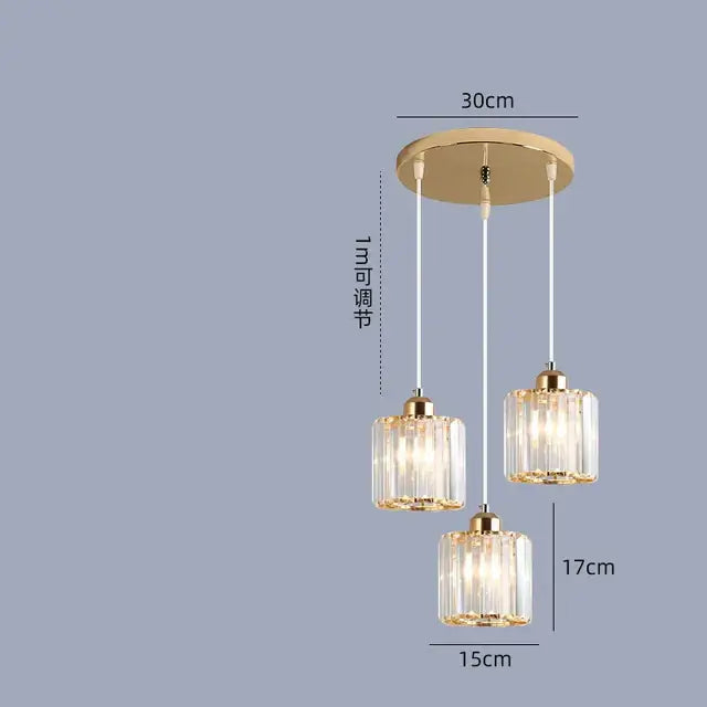 Gold-toned DecorBites crystal chandelier pendant light with three clear ribbed glass shades for indoor spaces