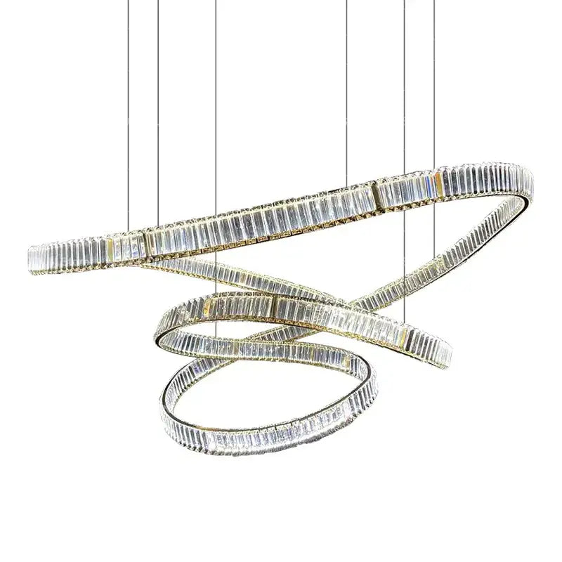 Modern spiral decorbites crystal chandelier with intertwined rings and faceted crystals in a metallic frame luxury designer light
