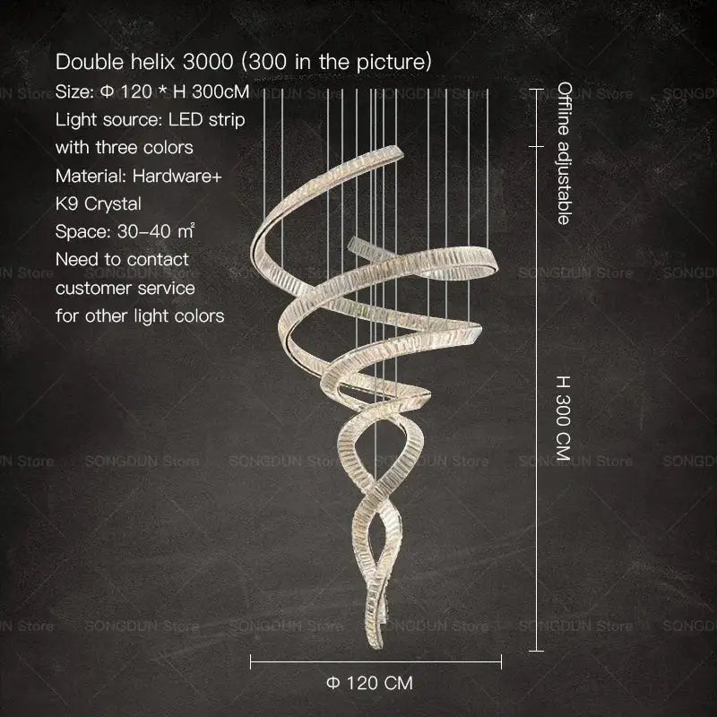 A sleek double helix DecorBites crystal chandelier with metallic finish and embedded k9 crystal luxury designer light