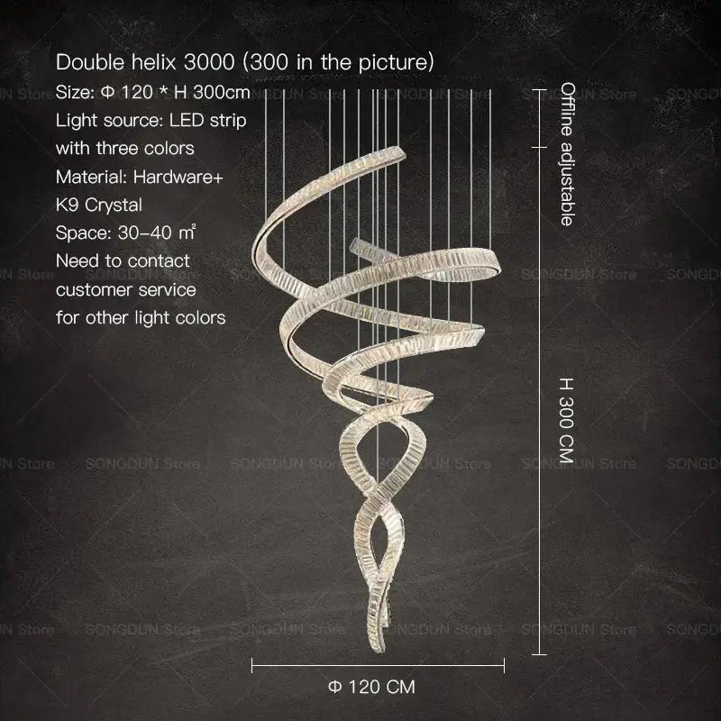 A sleek k9 crystal double helix decorbites crystal chandelier with led strip light for luxury designer light settings