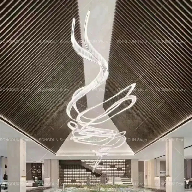 A modern transparent acrylic decorbites crystal chandelier with flowing spiral arms luxury designer light for elegant spaces