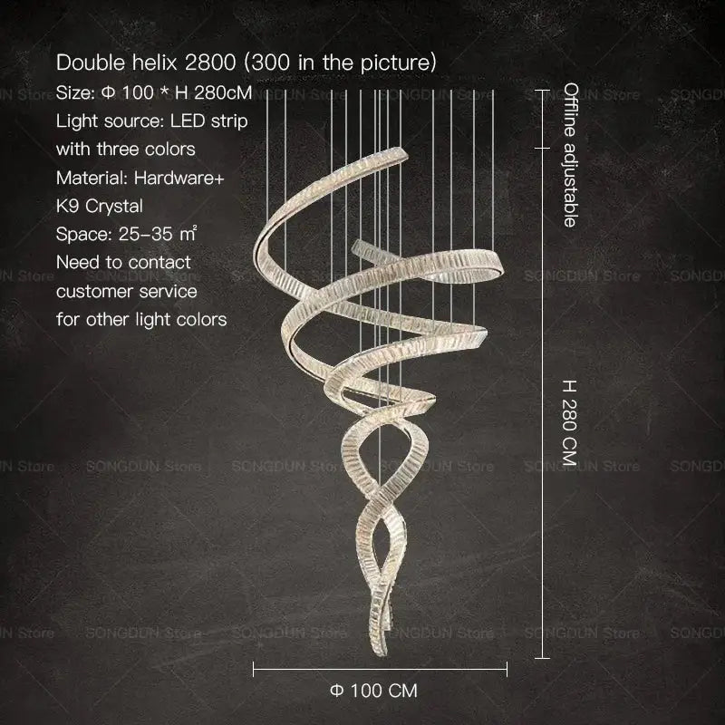Sleek double helix decorbites crystal chandelier with intertwined metallic bands and k9 crystal luxury designer light
