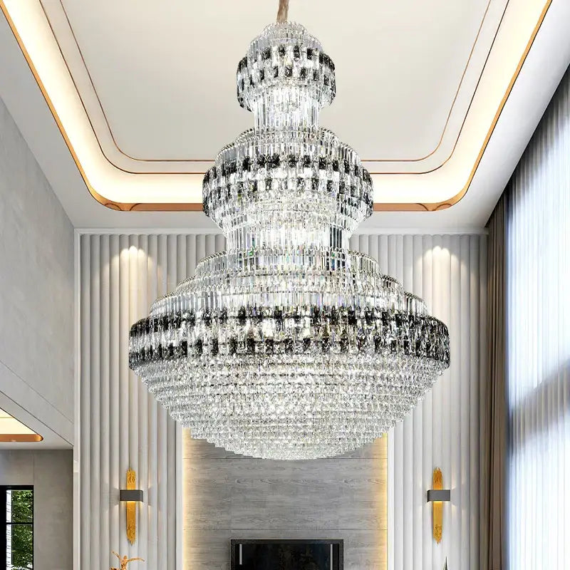Decorbites crystal chandelier featuring multi-tiered clear and black crystals for luxury duplex interiors