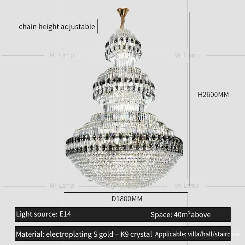 A multi-tiered DecorBites crystal chandelier with gold finish and clear k9 crystals for luxury duplex lighting