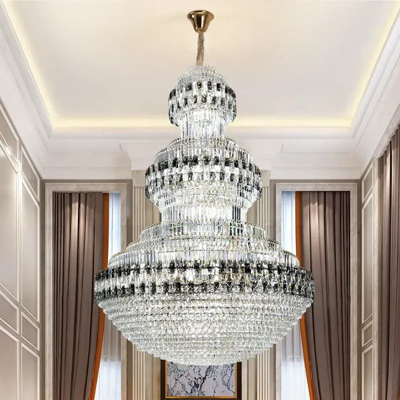 Decorbites crystal chandelier luxury duplex building lamp featuring multi-tiered gold mount with clear and black crystals