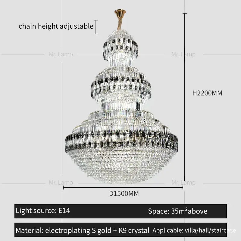Decorbites crystal chandelier with gold finish and cascading clear k9 crystals for elegant villa or hall lighting