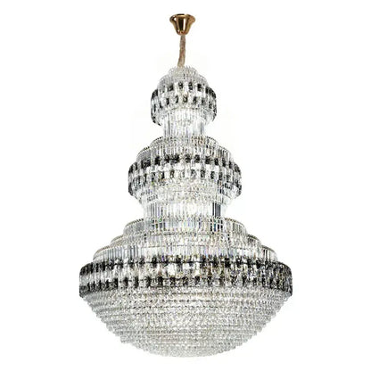 DecorBites crystal chandelier luxury duplex building lamp with multi-tiered clear and black glass elements and gold fixture