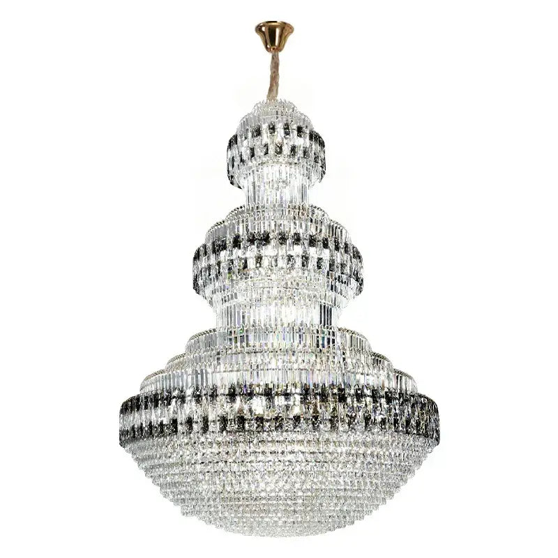 DecorBites crystal chandelier luxury duplex building lamp with multi-tiered clear and black glass elements and gold fixture
